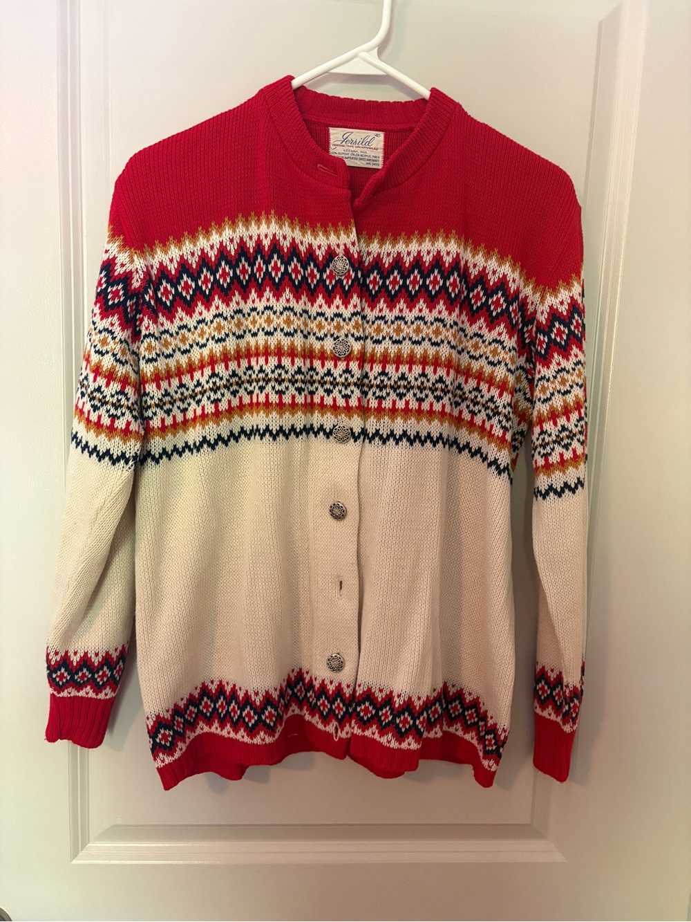 Lands' End Red, Cream & Gold Fair Isle Cardigan Sweater